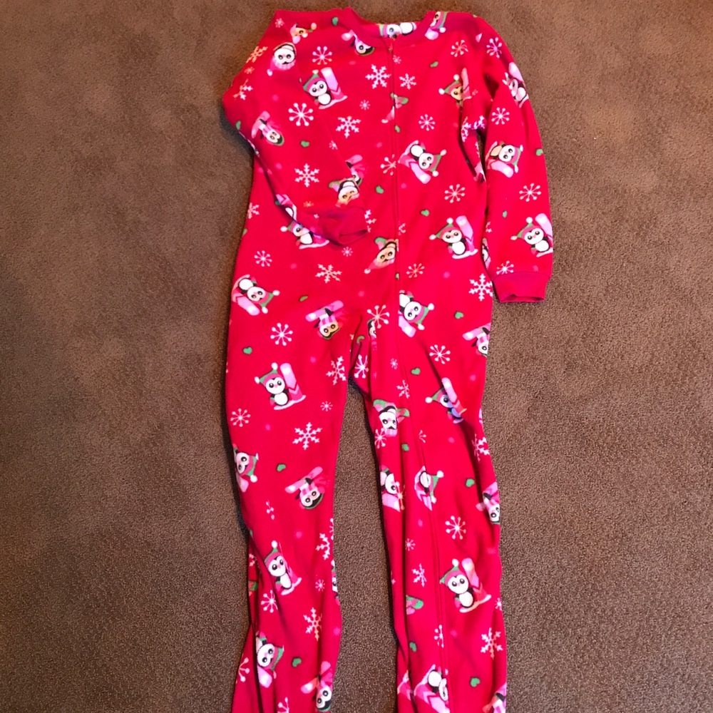 Red adult footie pajamas with penguins